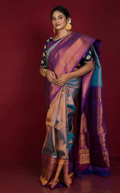 Silk Mark Certified Kanchi Brocade Gadwal Silk Saree in Blue.