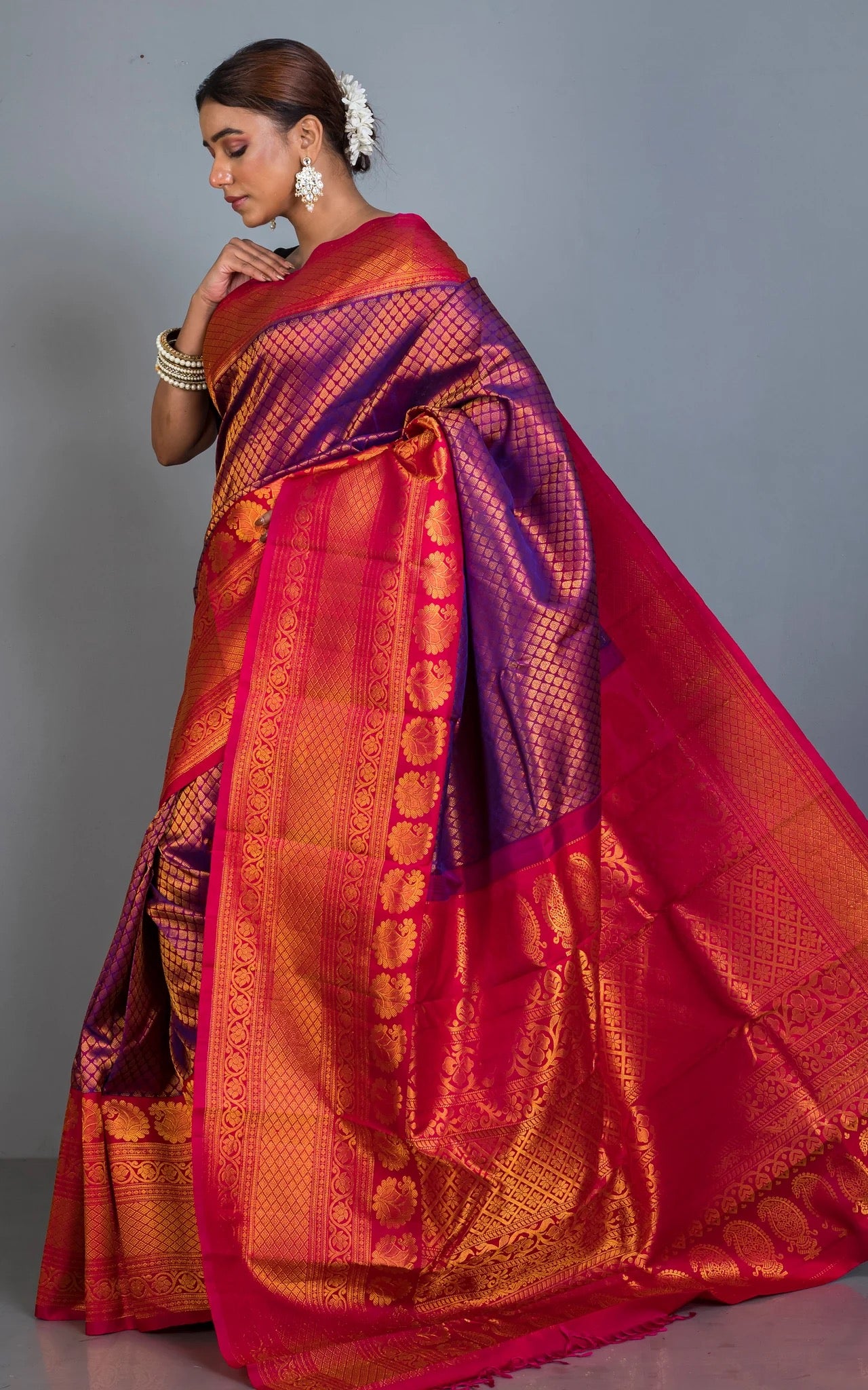 Silk Mark Certified Kanchi Brocade Gadwal Silk Saree in Purple.