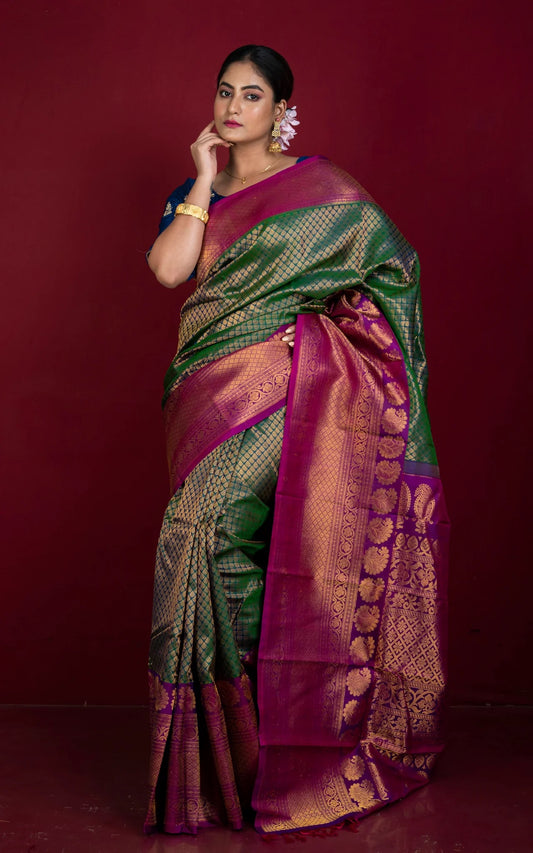 Silk Mark Certified Kanchi Brocade Gadwal Silk Saree in Dark Green.