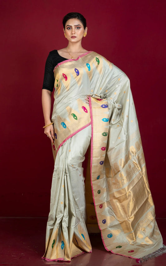 Silk Mark Certified Temple Border Gadwal Silk Saree in Ecru White.