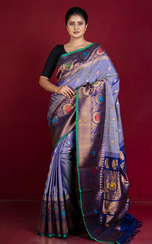 Silk Mark Certified Minakari Gadwal Silk Saree in Purplish Blue.