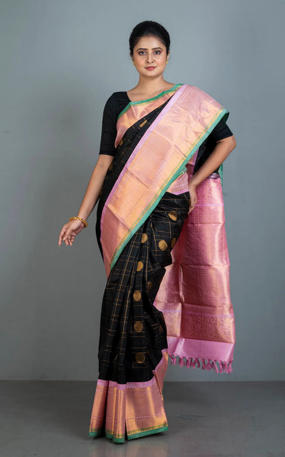 Silk Mark Certified Checks Gadwal Silk Saree in Black and Pink.