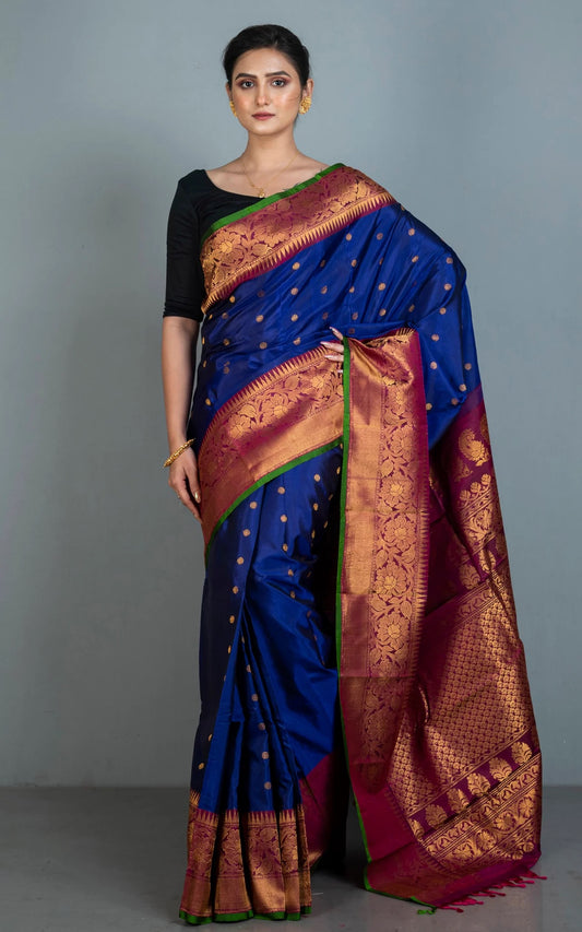 Silk Mark Certified Gadwal Silk Saree in Deep Royal Blue and Magenta.