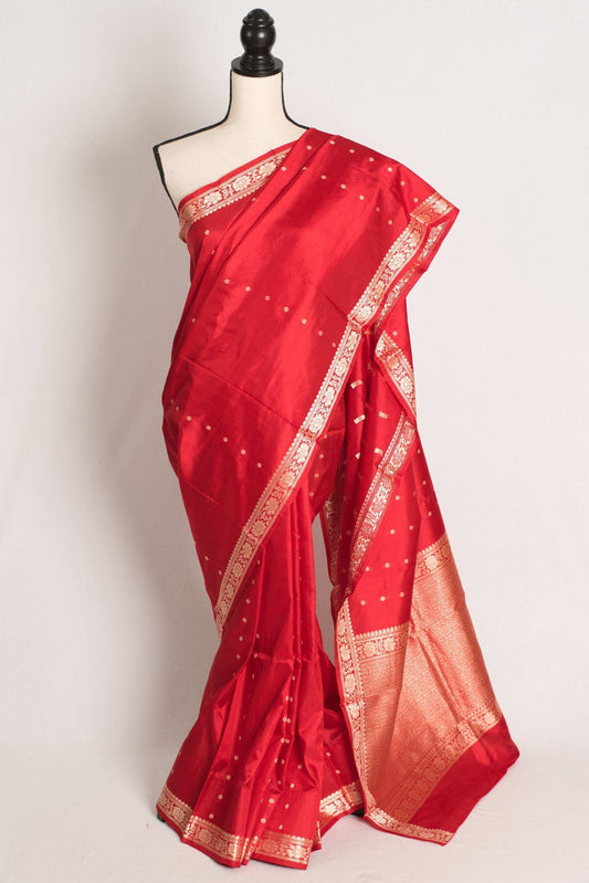 Gauri : Certified Silk Banarasi Saree with Resham Work In Bright Red - Saree Mandi