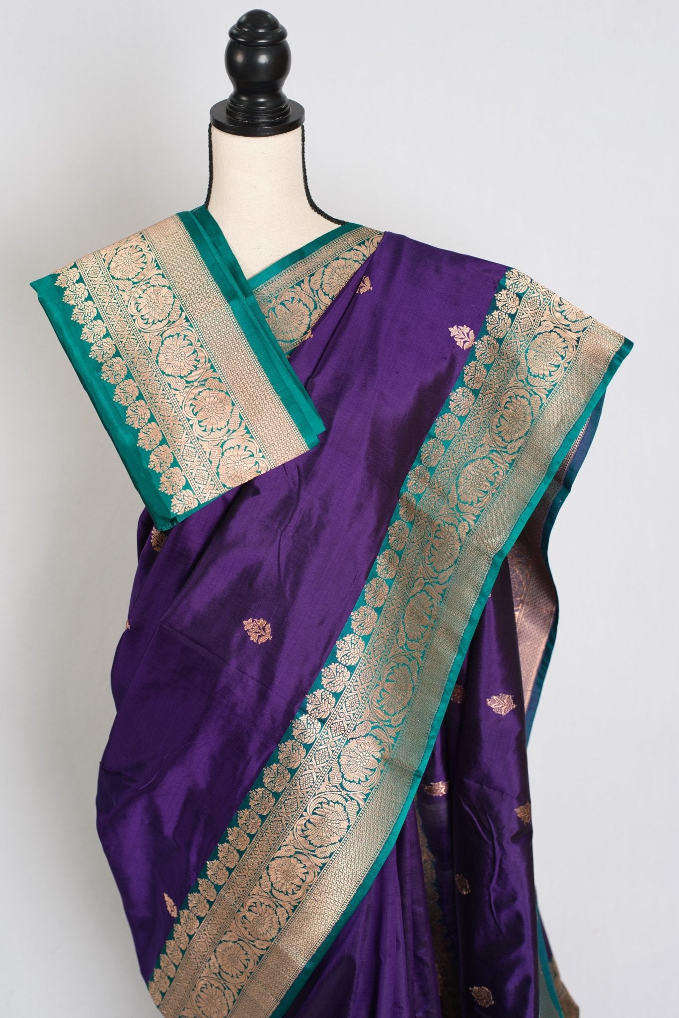 Gauri : Silk Mark Certified Katan Banarasi Saree in Purple and Green - Saree Mandi