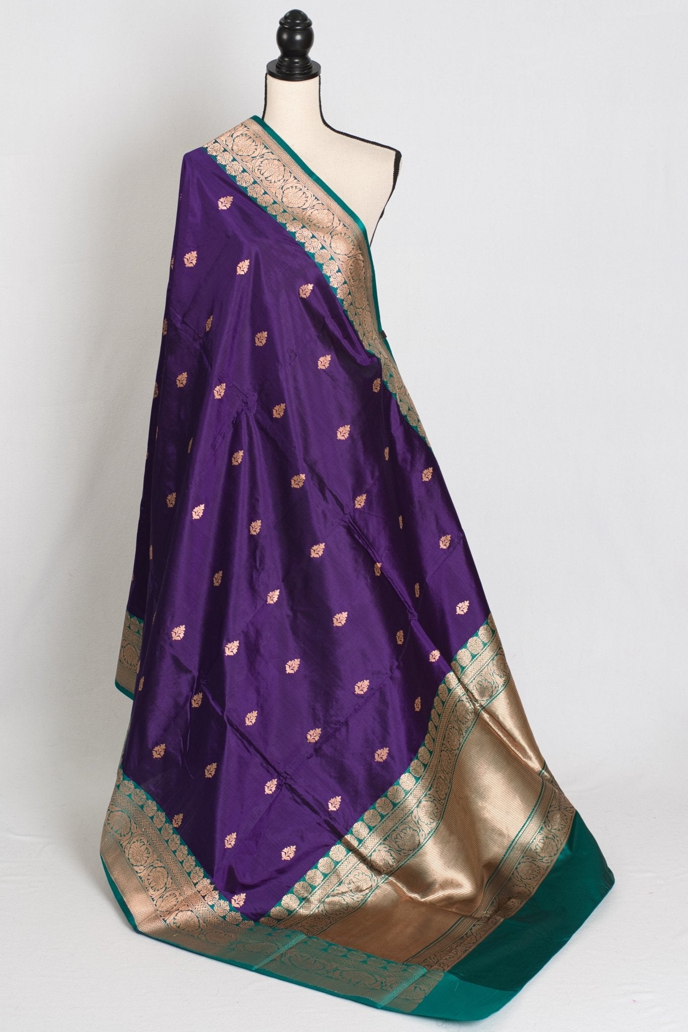 Gauri : Silk Mark Certified Katan Banarasi Saree in Purple and Green - Saree Mandi
