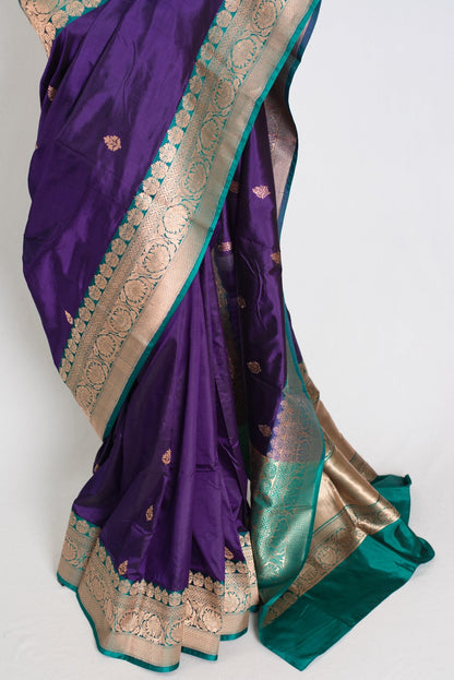 Gauri : Silk Mark Certified Katan Banarasi Saree in Purple and Green - Saree Mandi