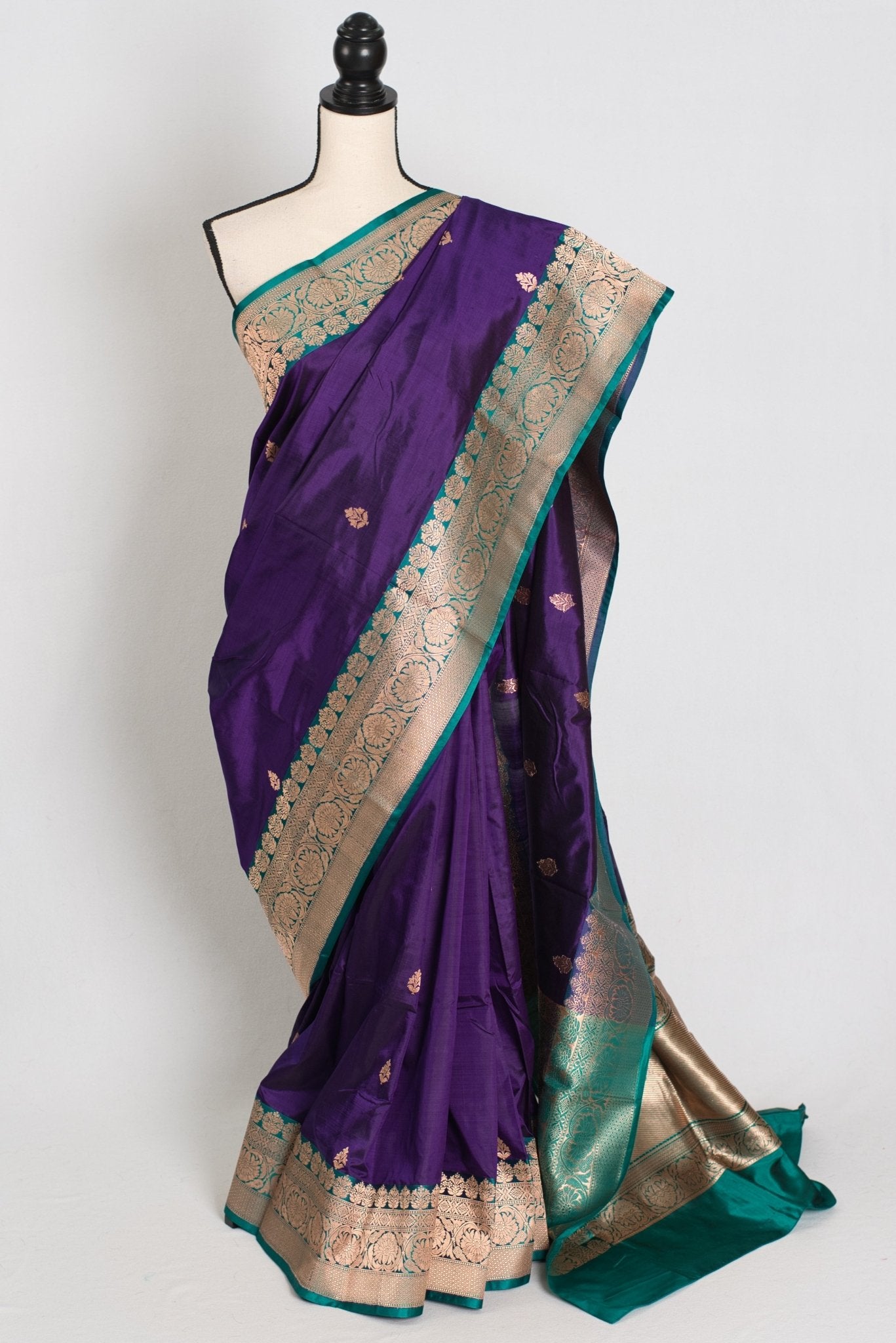 Gauri : Silk Mark Certified Katan Banarasi Saree in Purple and Green - Saree Mandi