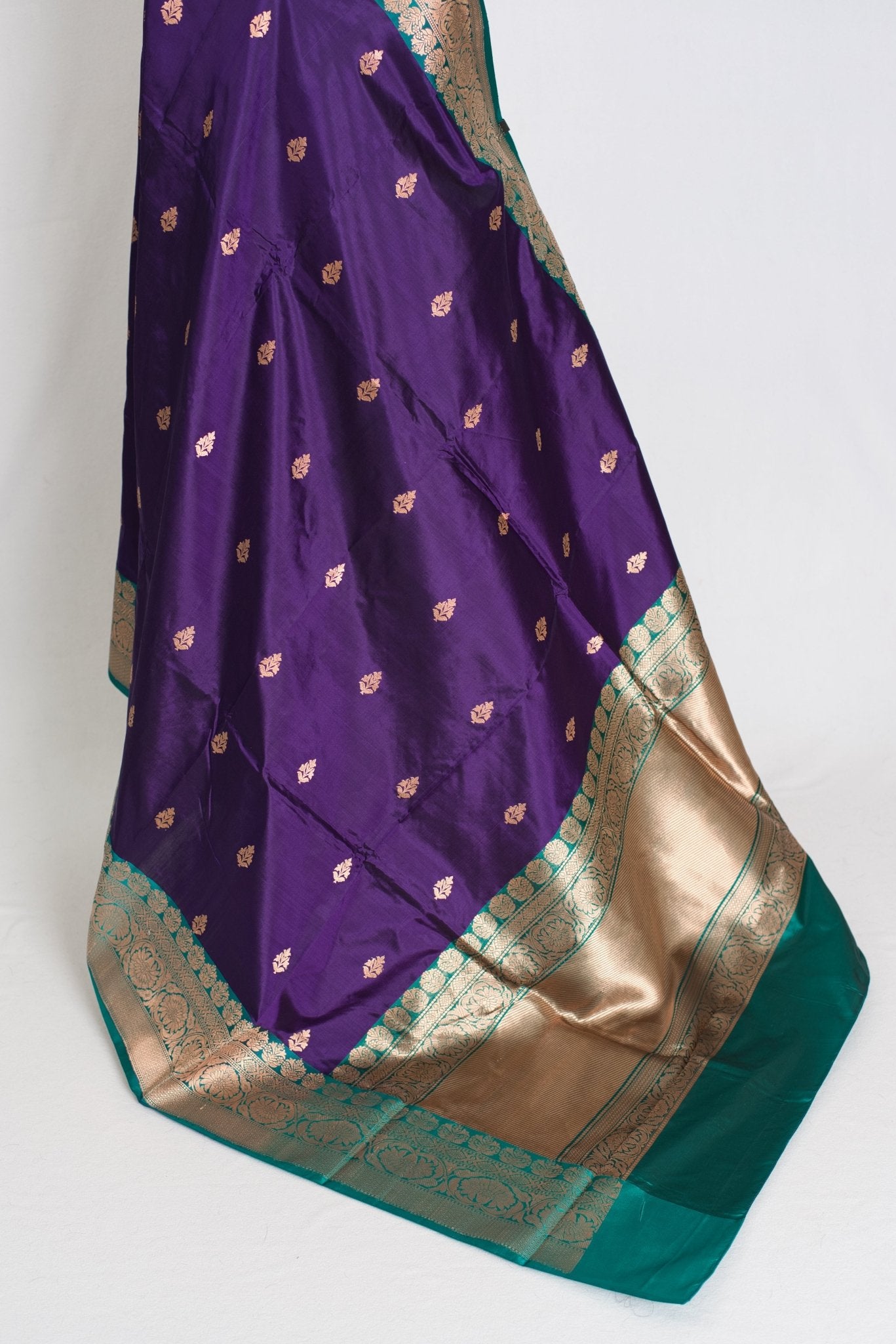 Gauri : Silk Mark Certified Katan Banarasi Saree in Purple and Green - Saree Mandi