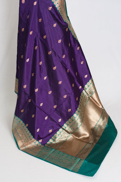 Gauri : Silk Mark Certified Katan Banarasi Saree in Purple and Green - Saree Mandi
