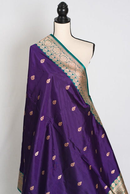Gauri : Silk Mark Certified Katan Banarasi Saree in Purple and Green - Saree Mandi