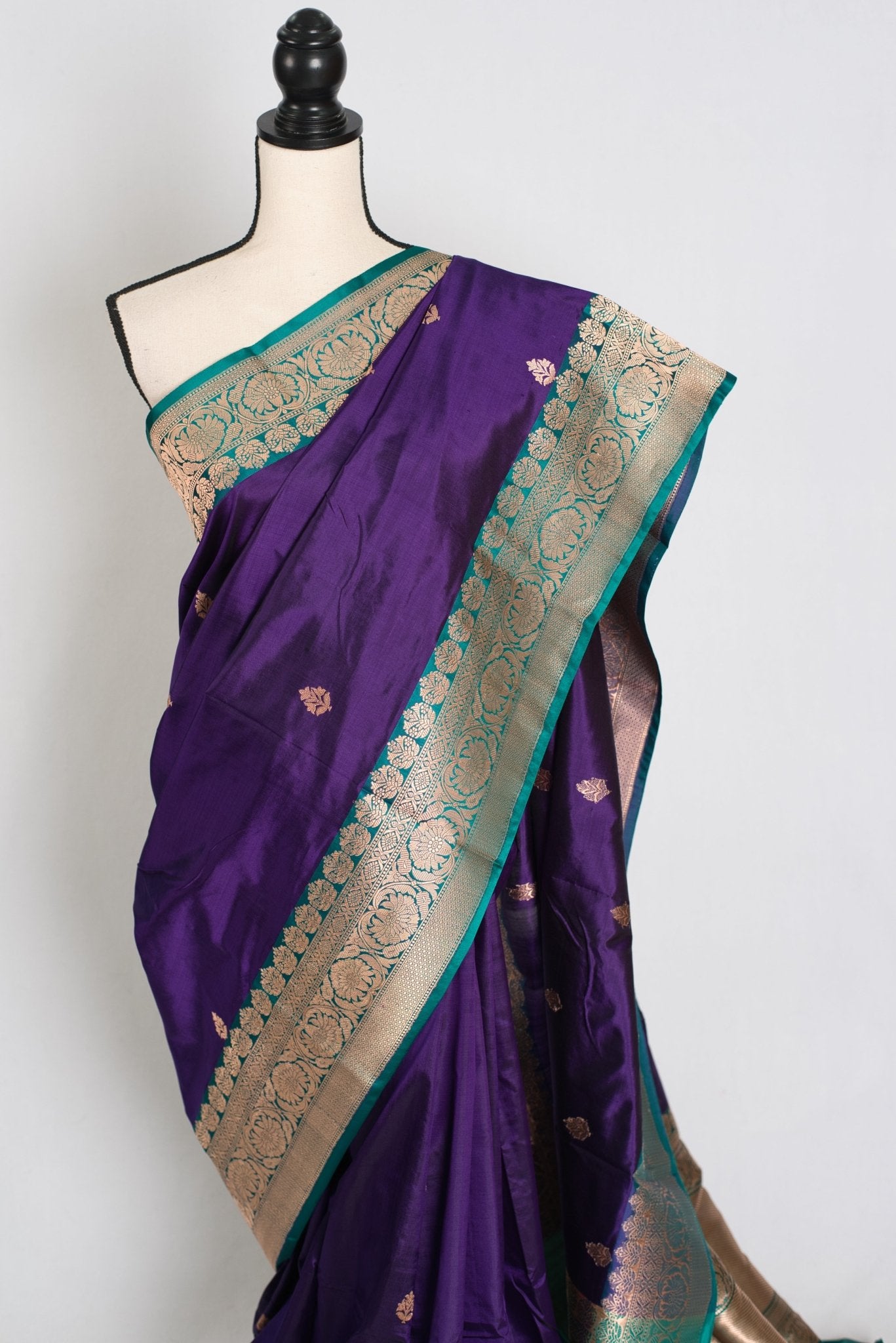 Gauri : Silk Mark Certified Katan Banarasi Saree in Purple and Green - Saree Mandi