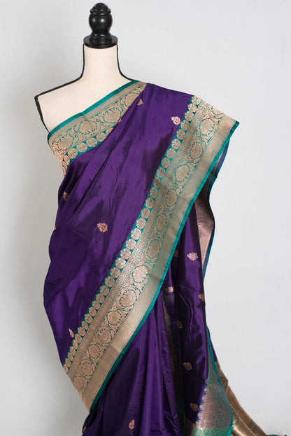 Gauri : Silk Mark Certified Katan Banarasi Saree in Purple and Green - Saree Mandi