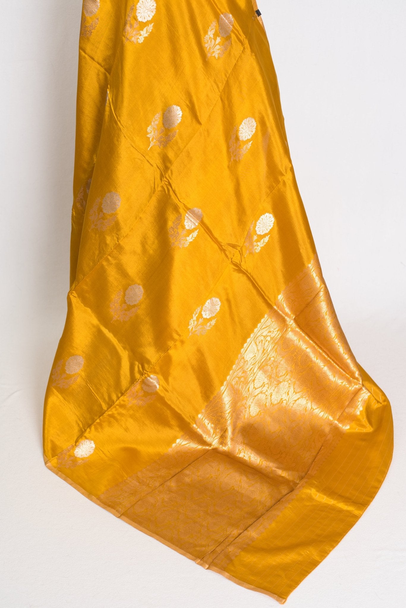 Geeta : Golden Yellow & Gold Banarasi Katan Silk Saree | Lightweight Bridal Wea - Saree Mandi