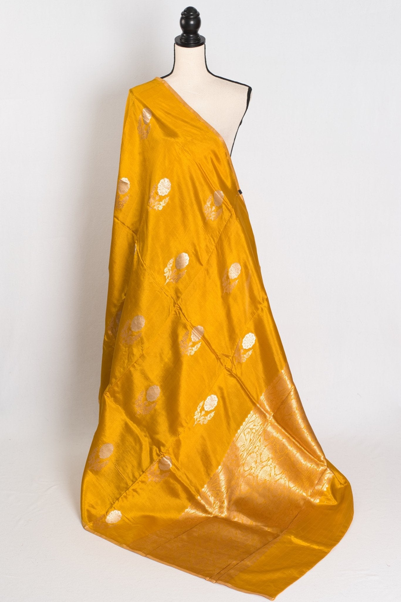Geeta : Golden Yellow & Gold Banarasi Katan Silk Saree | Lightweight Bridal Wea - Saree Mandi