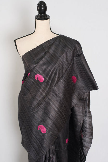 Gemini: Charcoal Black Gicha Tussar Silk Saree with Embroidery - Saree Mandi