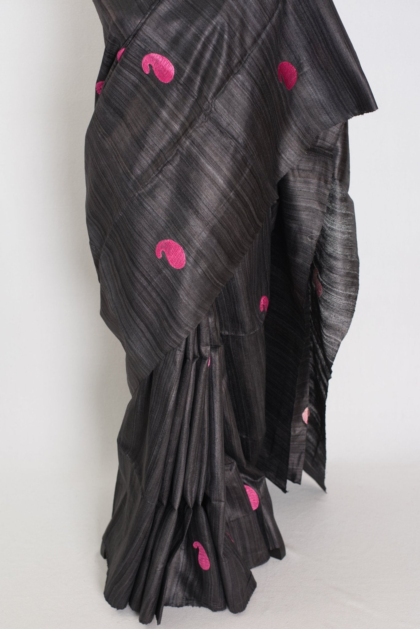 Gemini: Charcoal Black Gicha Tussar Silk Saree with Embroidery - Saree Mandi