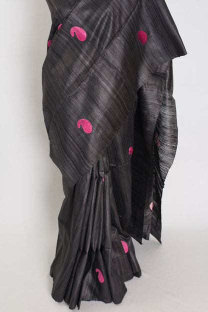 Gemini: Charcoal Black Gicha Tussar Silk Saree with Embroidery - Saree Mandi