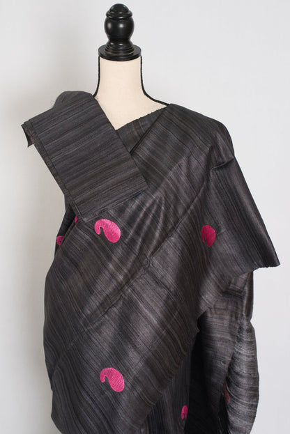 Gemini: Charcoal Black Gicha Tussar Silk Saree with Embroidery - Saree Mandi
