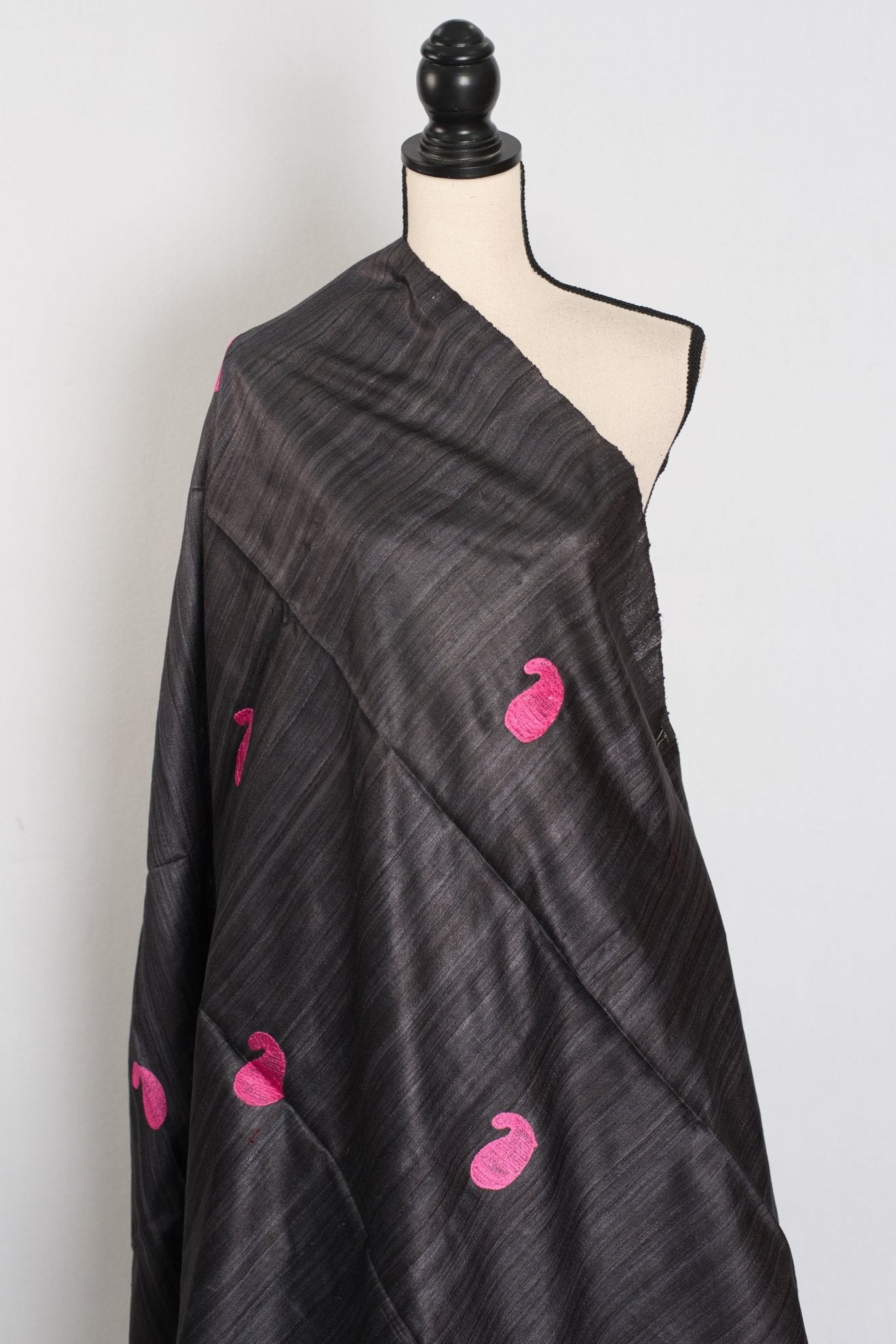 Gemini: Charcoal Black Gicha Tussar Silk Saree with Embroidery - Saree Mandi