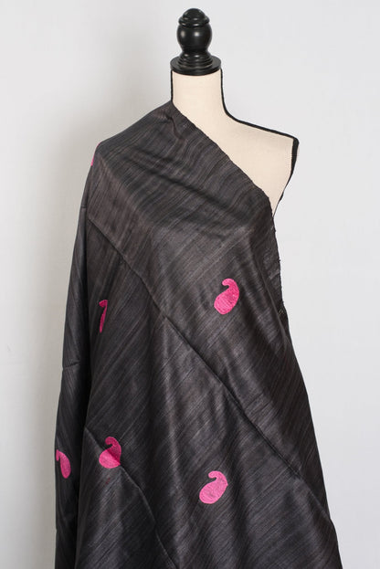 Gemini: Charcoal Black Gicha Tussar Silk Saree with Embroidery - Saree Mandi