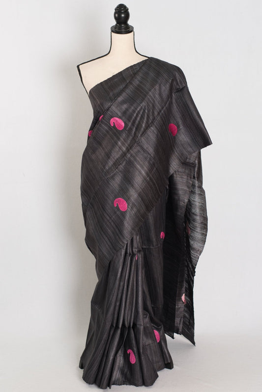 Gemini: Charcoal Black Gicha Tussar Silk Saree with Embroidery - Saree Mandi