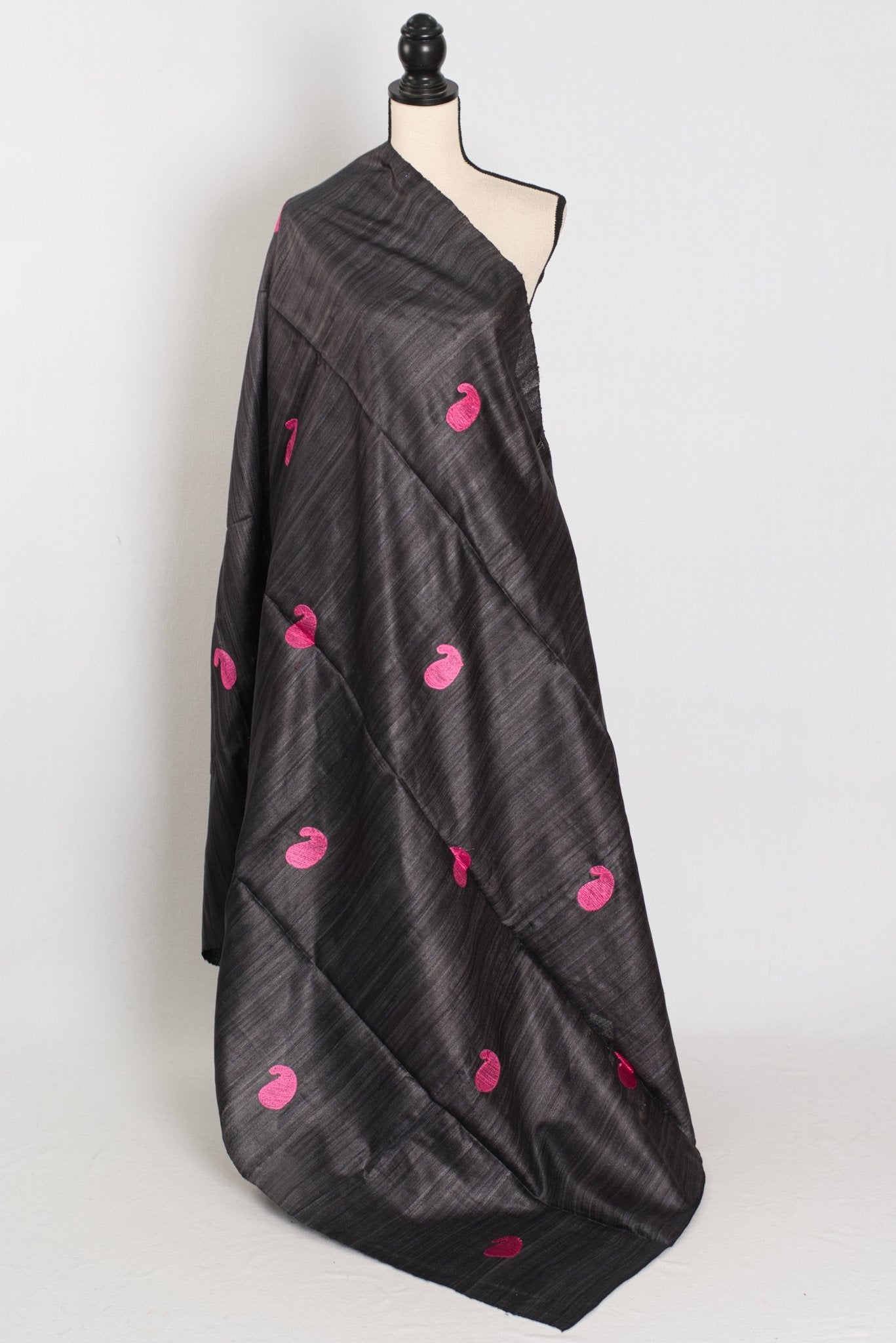 Gemini: Charcoal Black Gicha Tussar Silk Saree with Embroidery - Saree Mandi