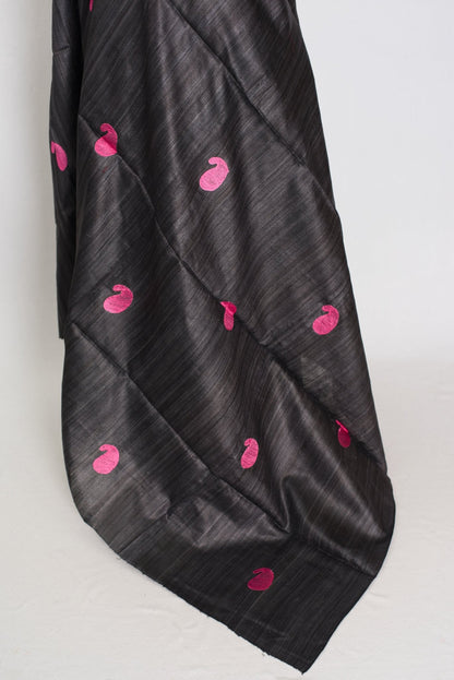 Gemini: Charcoal Black Gicha Tussar Silk Saree with Embroidery - Saree Mandi