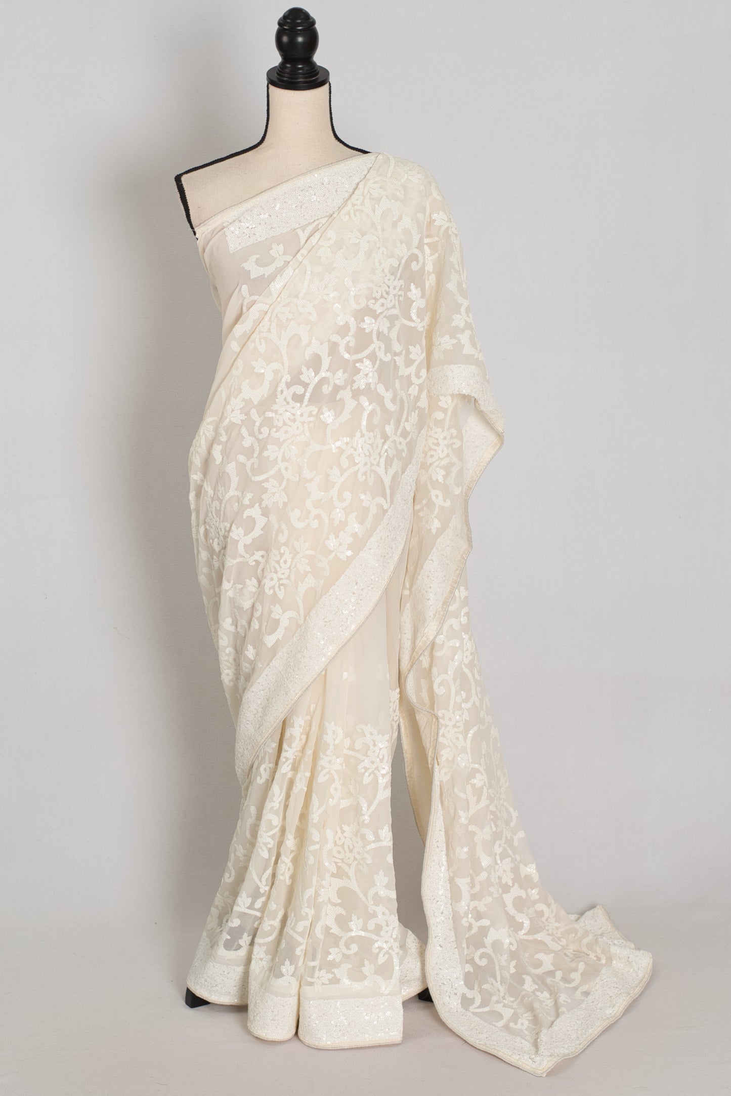 Ivory White Sequin Georgette Cocktail Saree  - Pic 1