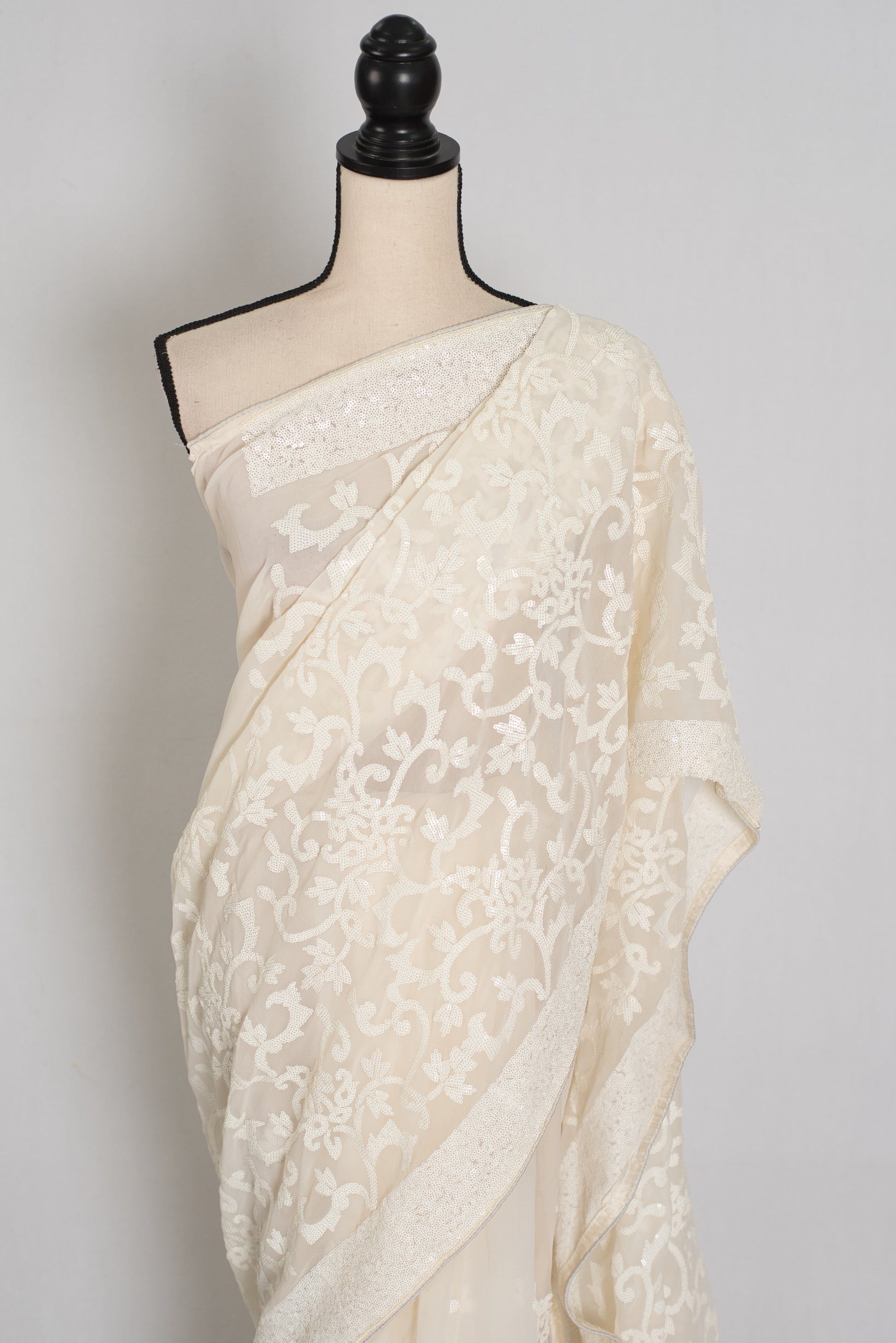 Ivory White Sequin Georgette Cocktail Saree  - Pic 2