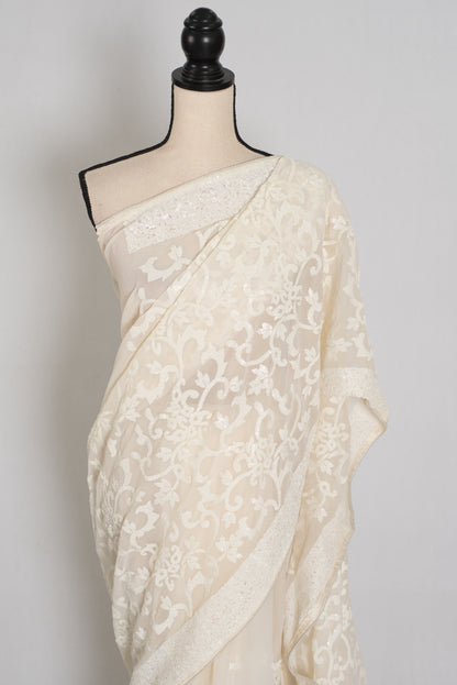 Ivory White Sequin Georgette Cocktail Saree  - Pic 2