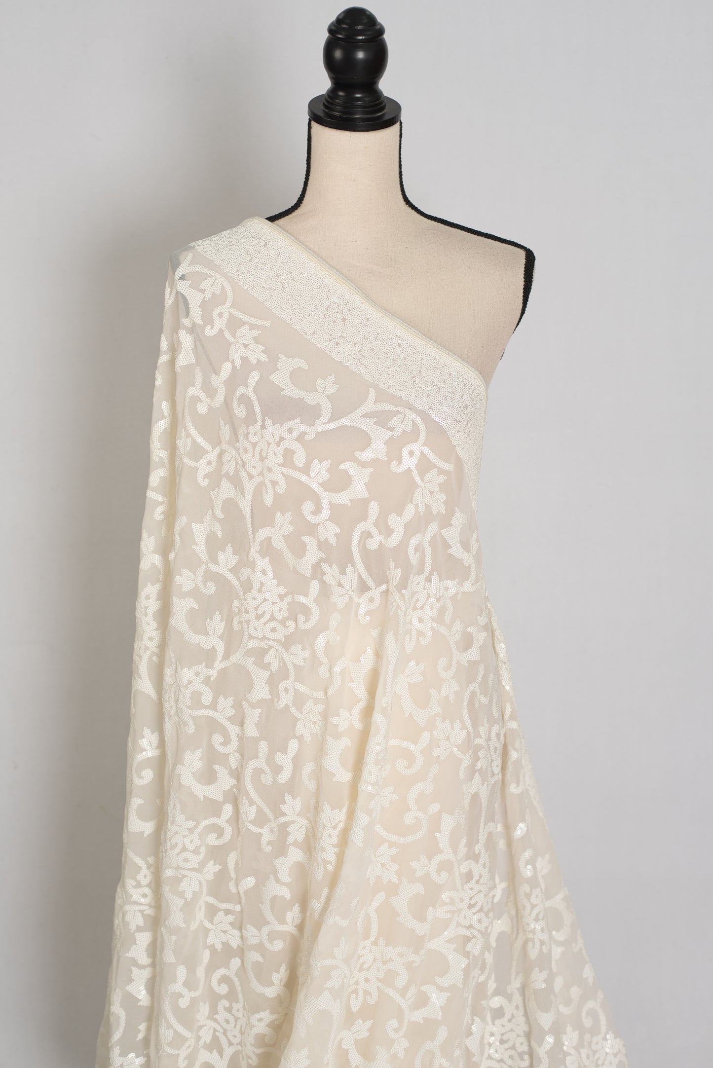 Ivory White Sequin Georgette Cocktail Saree - Pic 4