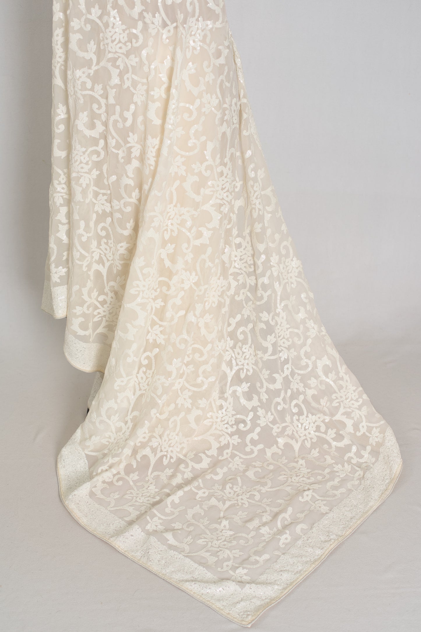 Ivory White Sequin Georgette Cocktail Saree - Pic 5