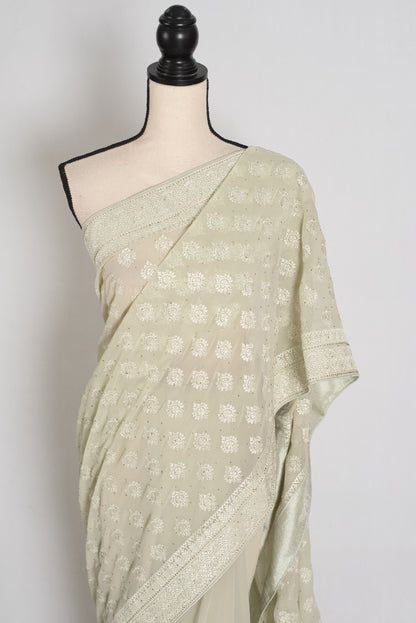 Sage Green Georgette Cocktail Saree - Pic 1