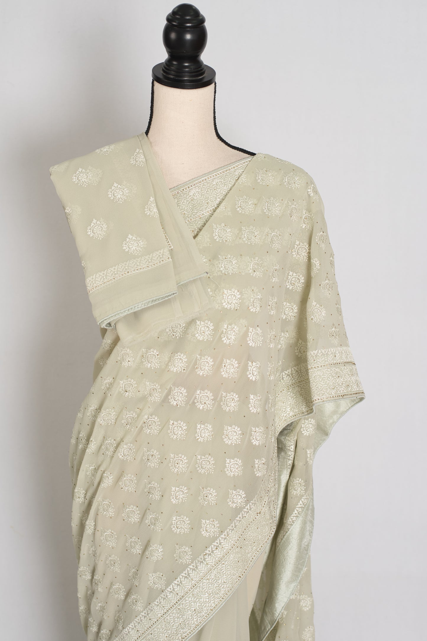 Sage Green Georgette Cocktail Saree - Pic 3