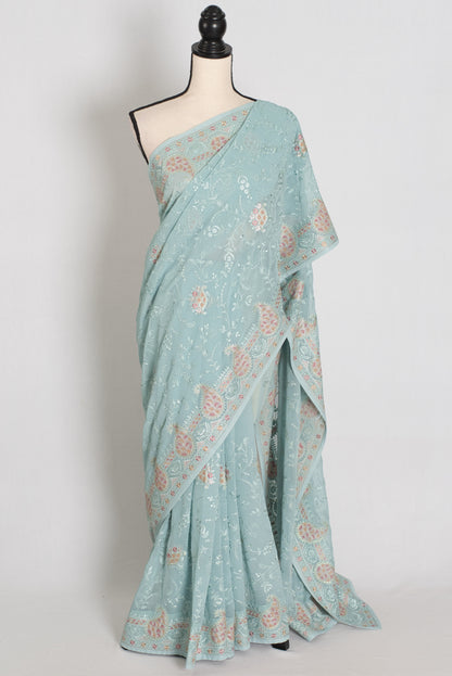 Soft Blue Georgette Partywear Saree - Pic 1