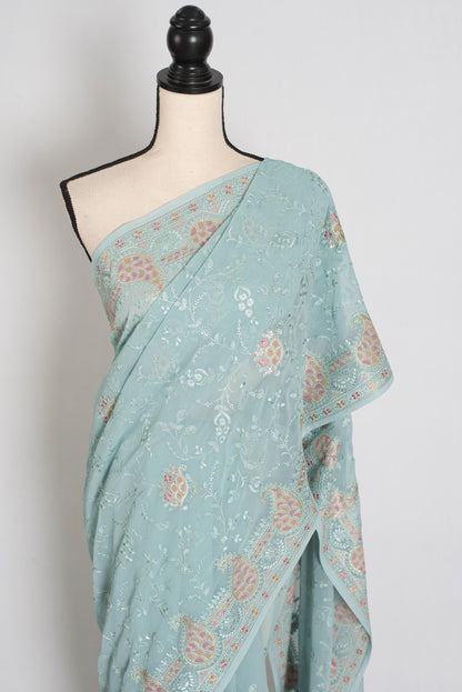 Soft Blue Georgette Partywear Saree - Pic 2