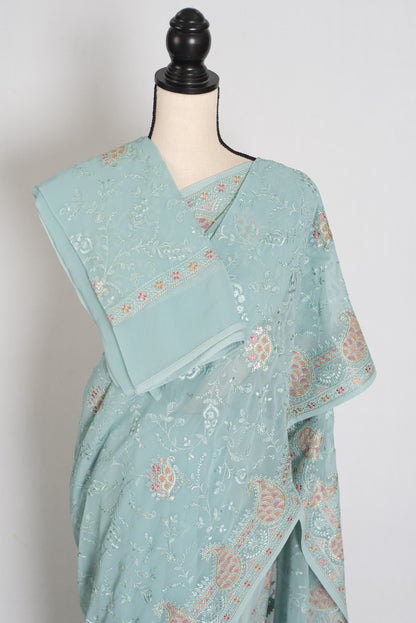 Soft Blue Georgette Partywear Saree - Pic 4