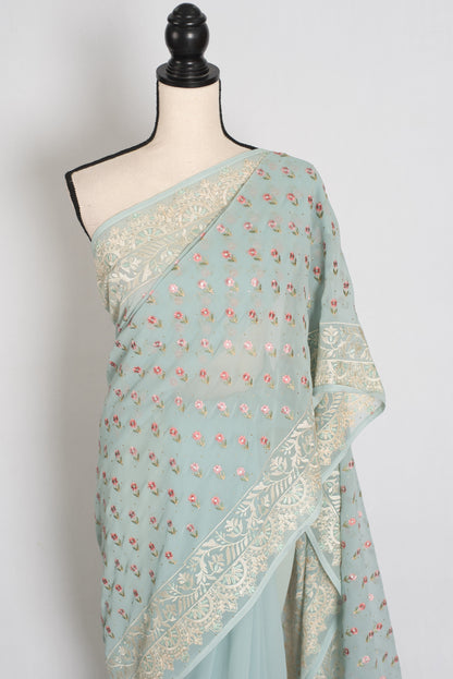 Sky Blue Georgette Partywear Saree - Pic 2