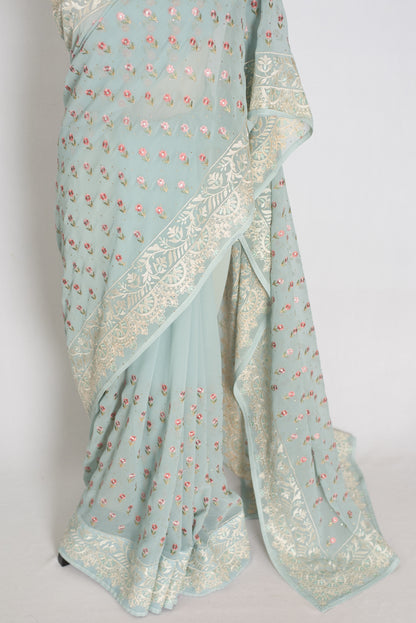 Sky Blue Georgette Partywear Saree - Pic 3