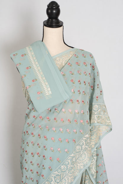 Sky Blue Georgette Partywear Saree - Pic 4