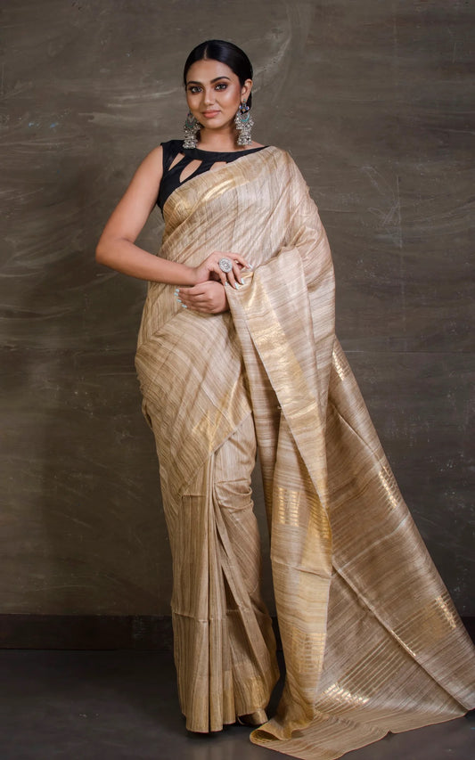 Gicha Tussar Saree in Beige and Gold.