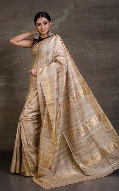 Gicha Tussar Saree in Beige and Gold.