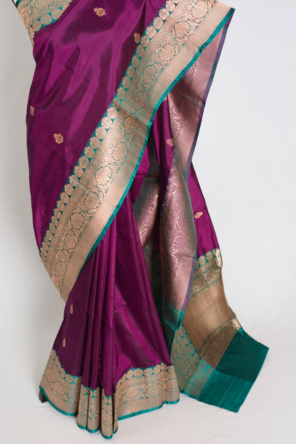 Giri : Silk Mark Certified Banarasi Saree in Eggplant Purple and Green - Saree Mandi