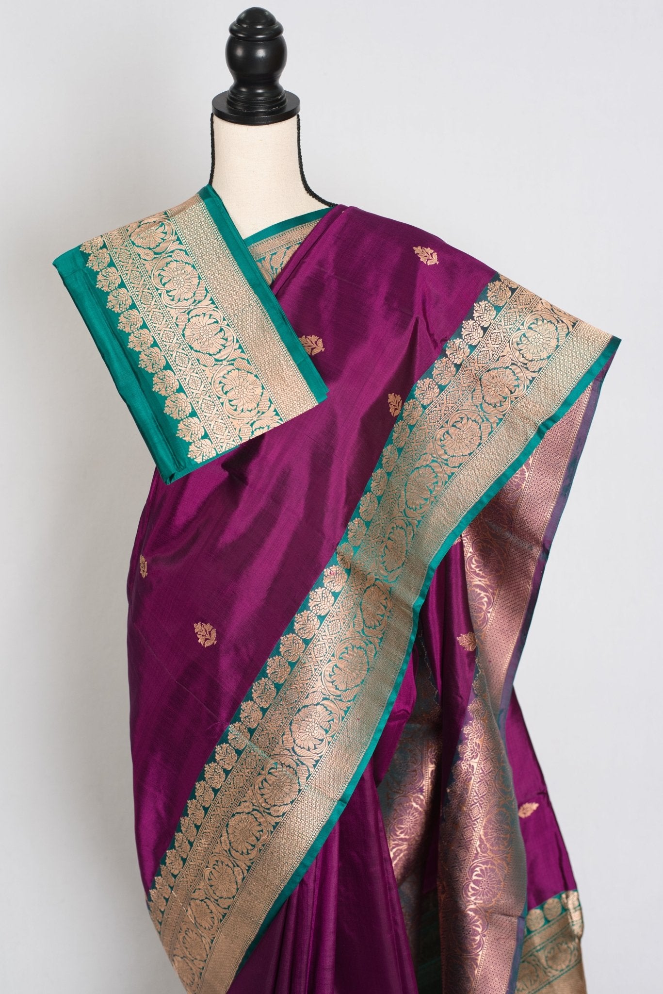 Giri : Silk Mark Certified Banarasi Saree in Eggplant Purple and Green - Saree Mandi