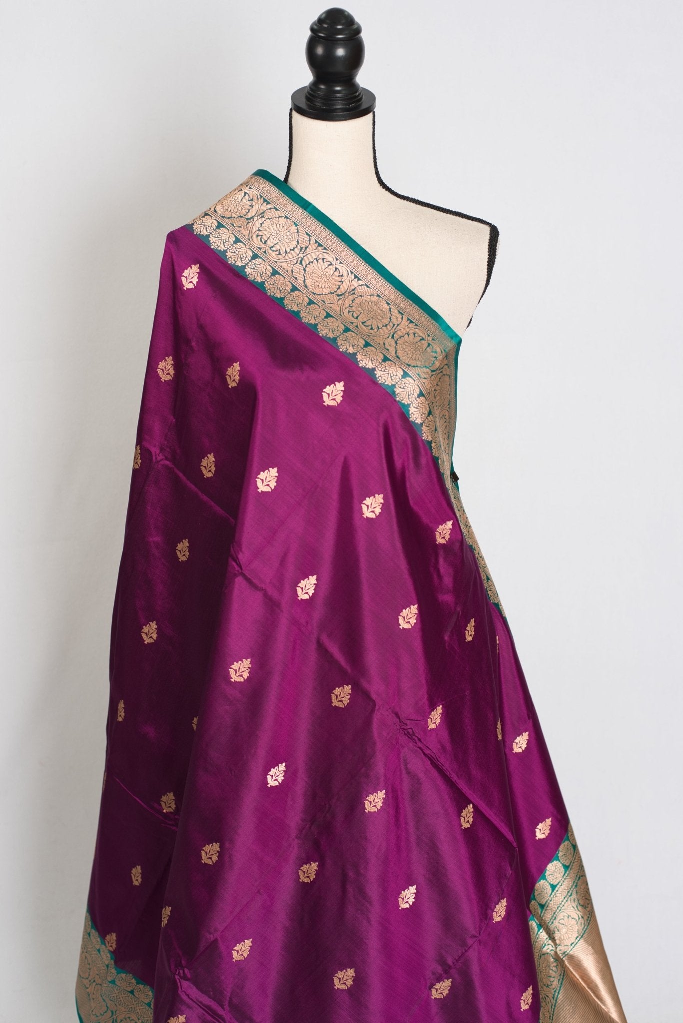 Giri : Silk Mark Certified Banarasi Saree in Eggplant Purple and Green - Saree Mandi