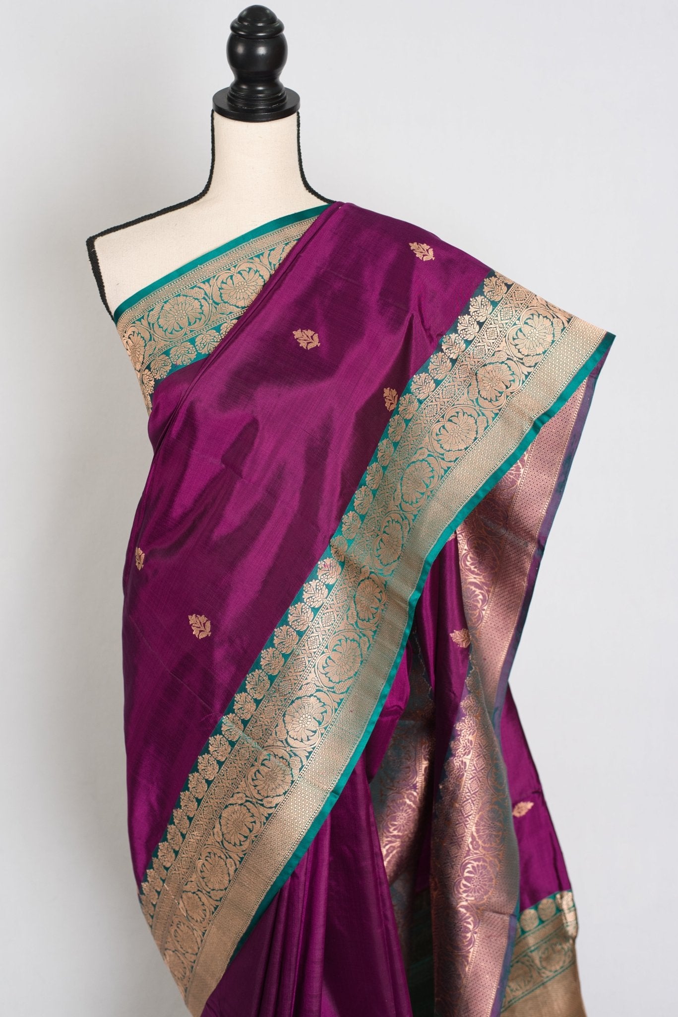 Giri : Silk Mark Certified Banarasi Saree in Eggplant Purple and Green - Saree Mandi