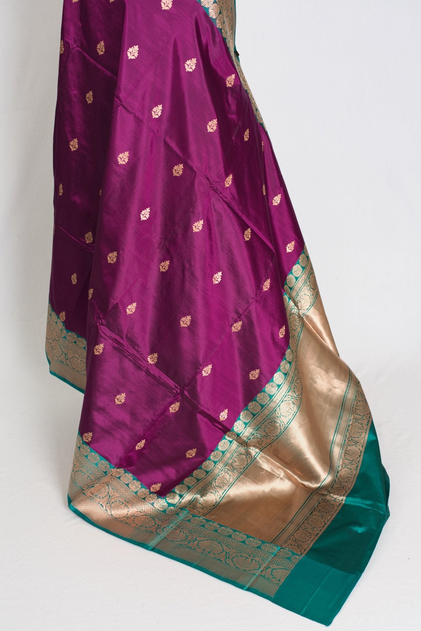 Giri : Silk Mark Certified Banarasi Saree in Eggplant Purple and Green - Saree Mandi