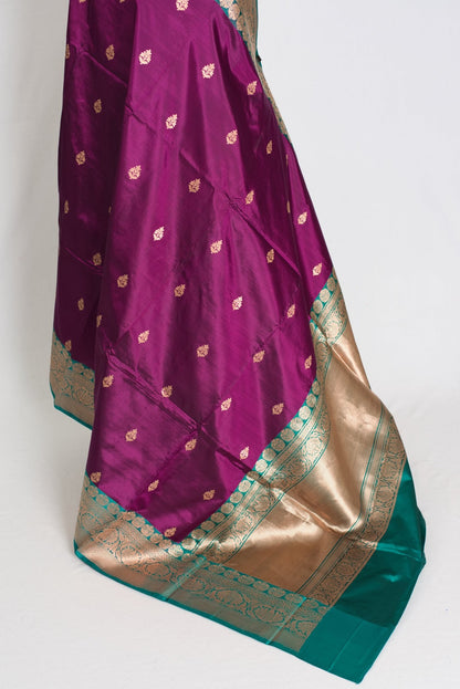 Giri : Silk Mark Certified Banarasi Saree in Eggplant Purple and Green - Saree Mandi