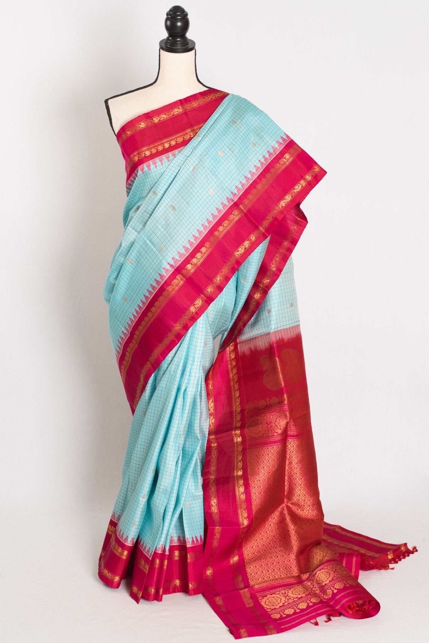 Girija: Sky Blue and Pink Micro Checks Kanji Gadwal Silk Saree with Golden Zari - Saree Mandi